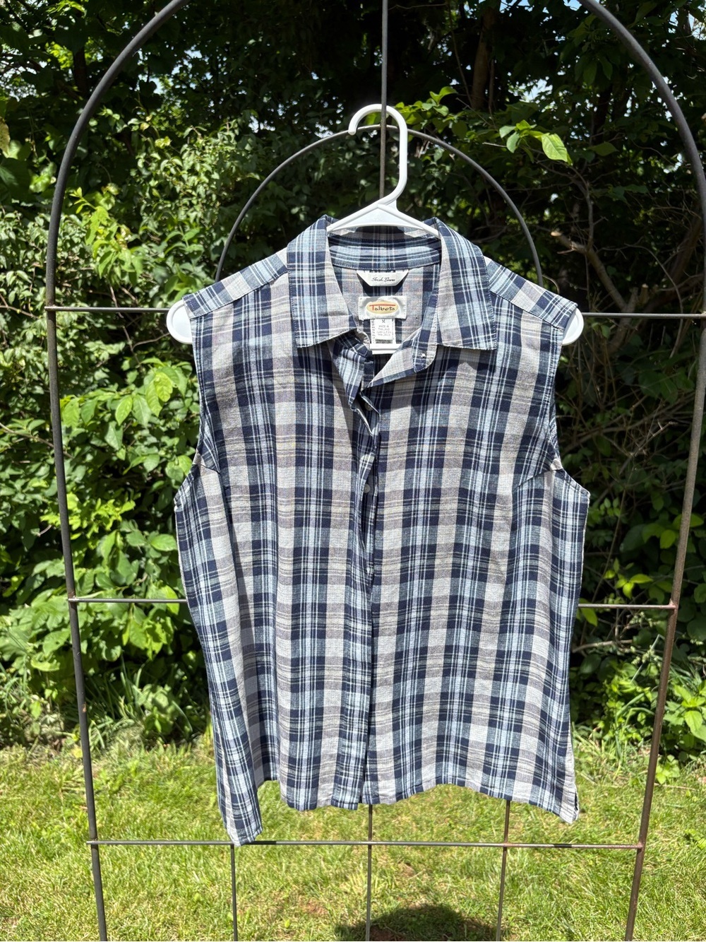 Talbots Navy Blue Beige Gray Plaid Button-Front Shirt Sleeveless Linen-Blend